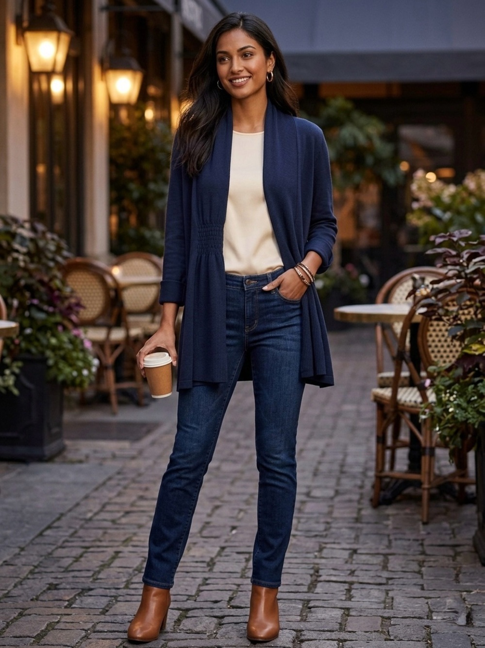 Croft & Barrow Navy Blue Open Front Cardigan Smocked Back Roll Tab Sleeve M